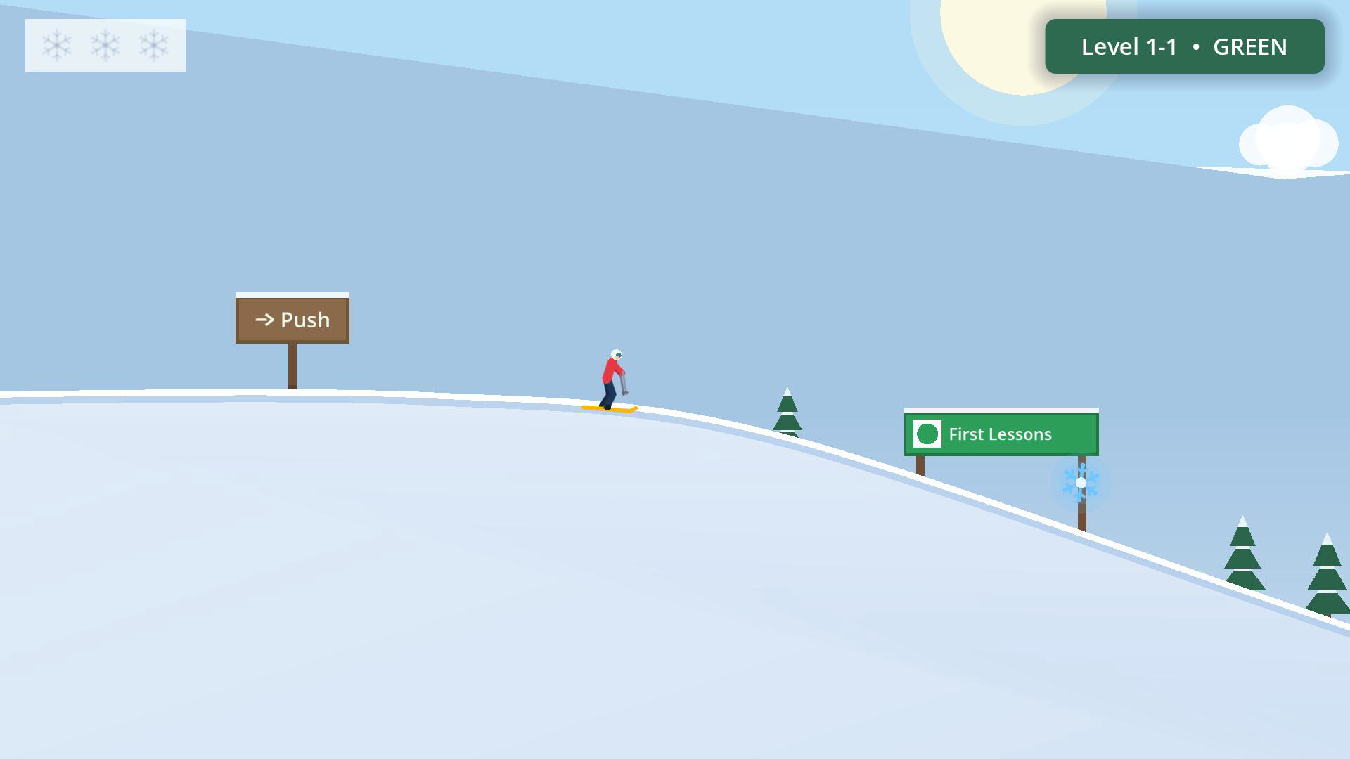 Level 1-1, First Lessons: the skier pushes off past a wooden trail sign.