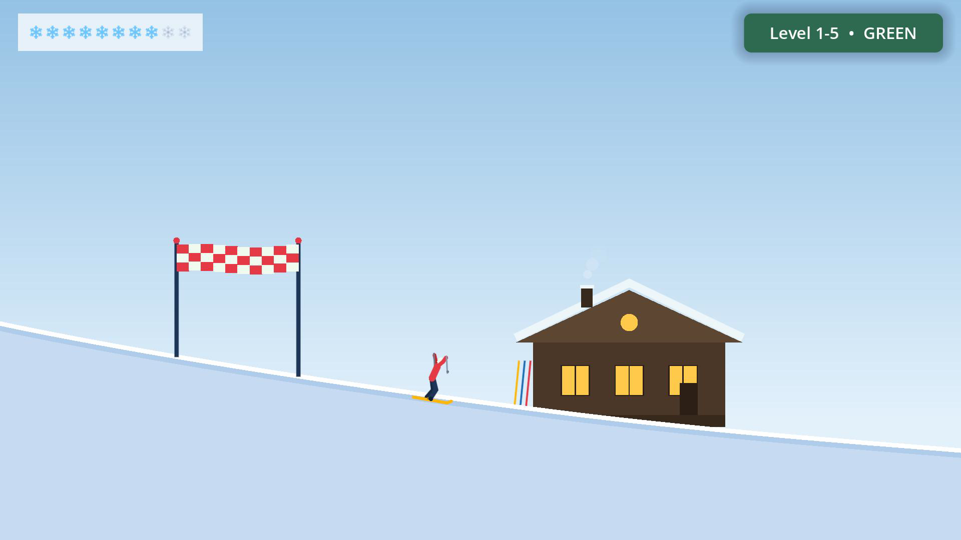 Level 1-5: the skier passes a checkered banner on the approach to the lodge.